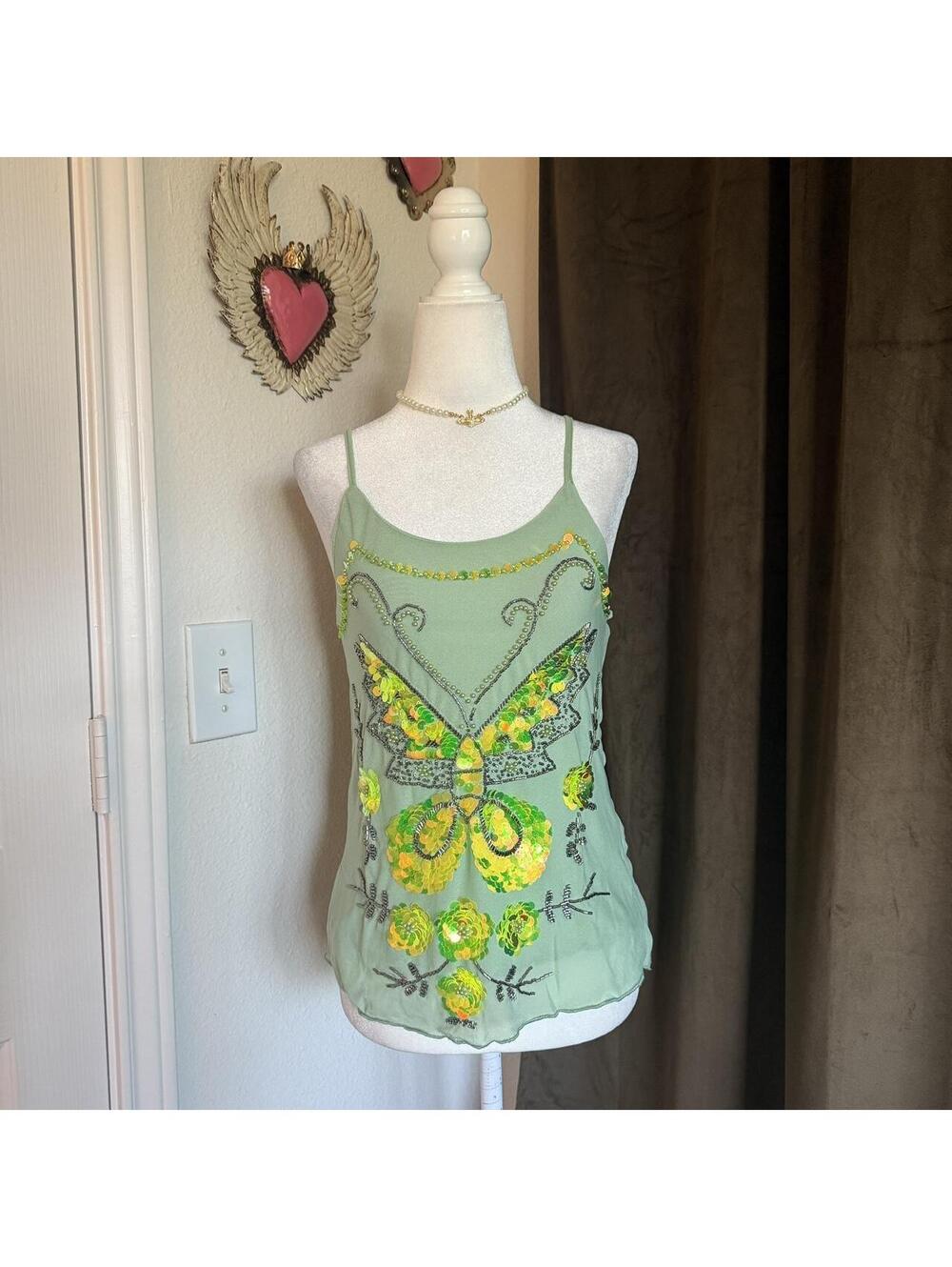 Fairycore Green Sequin Butterfly Detail Tank Top